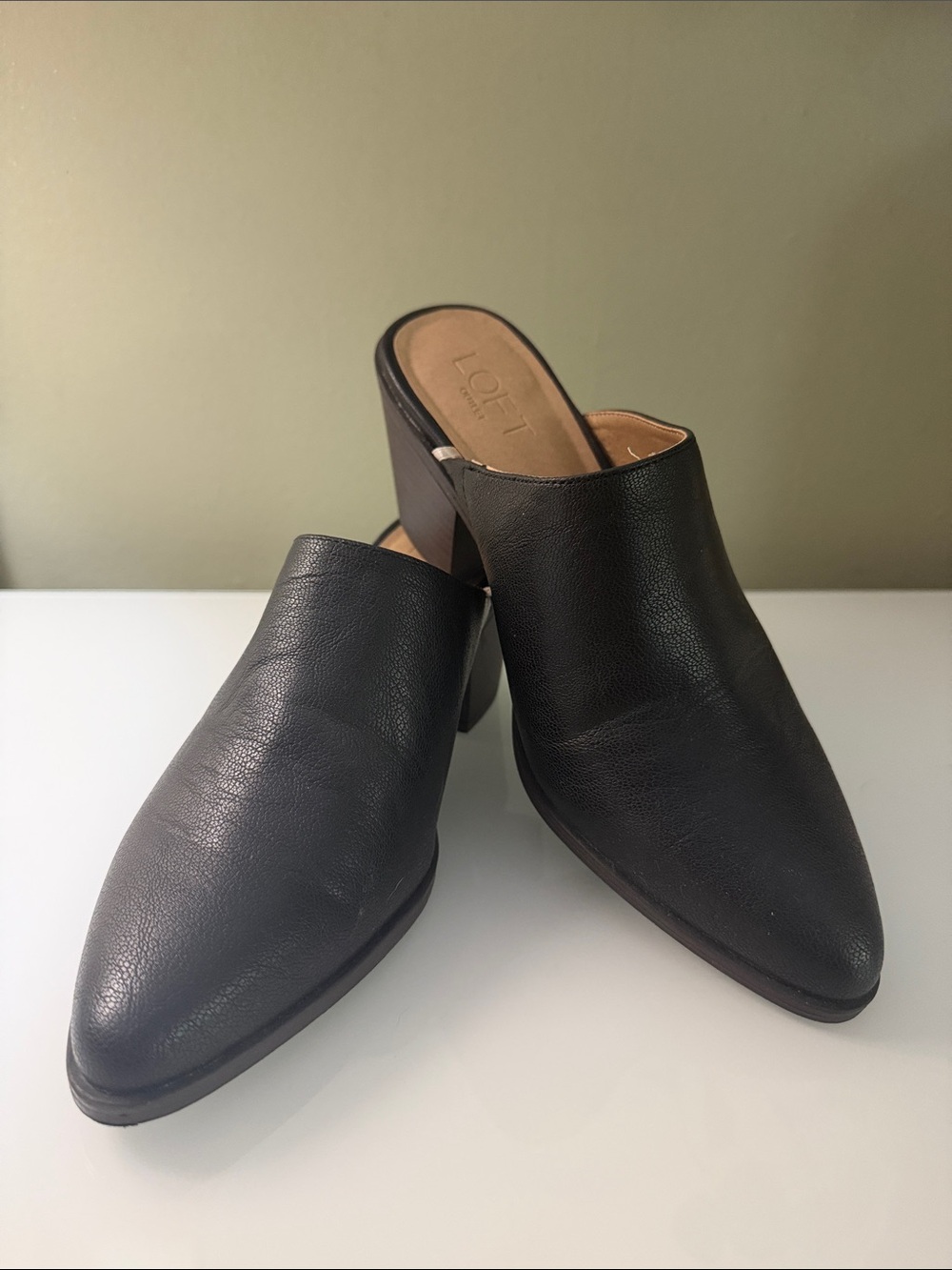 LOFT Black Leather Pointed Slip-On Mules